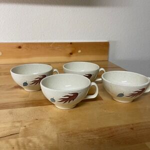 Vintage Speckled Soup Cups Mugs Set of 4 Leaf Design Tan Cream